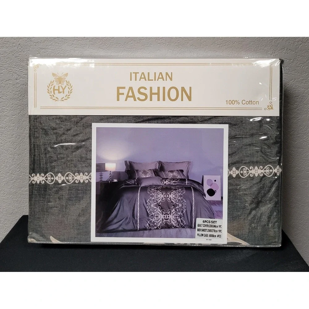 Italian Fashion Queen Size Duvet Cover Set 6 Pc Design #HY-2901 Black/Gray
